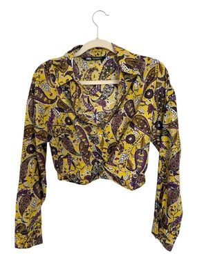 Zara Yellow Paisley Button-Down Cropped Shirt